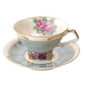 MARUEI JAPAN FOOTED TEA CUP AND SAUCER PORCELAIN ROSE BlUE GOLD - VINTAGE